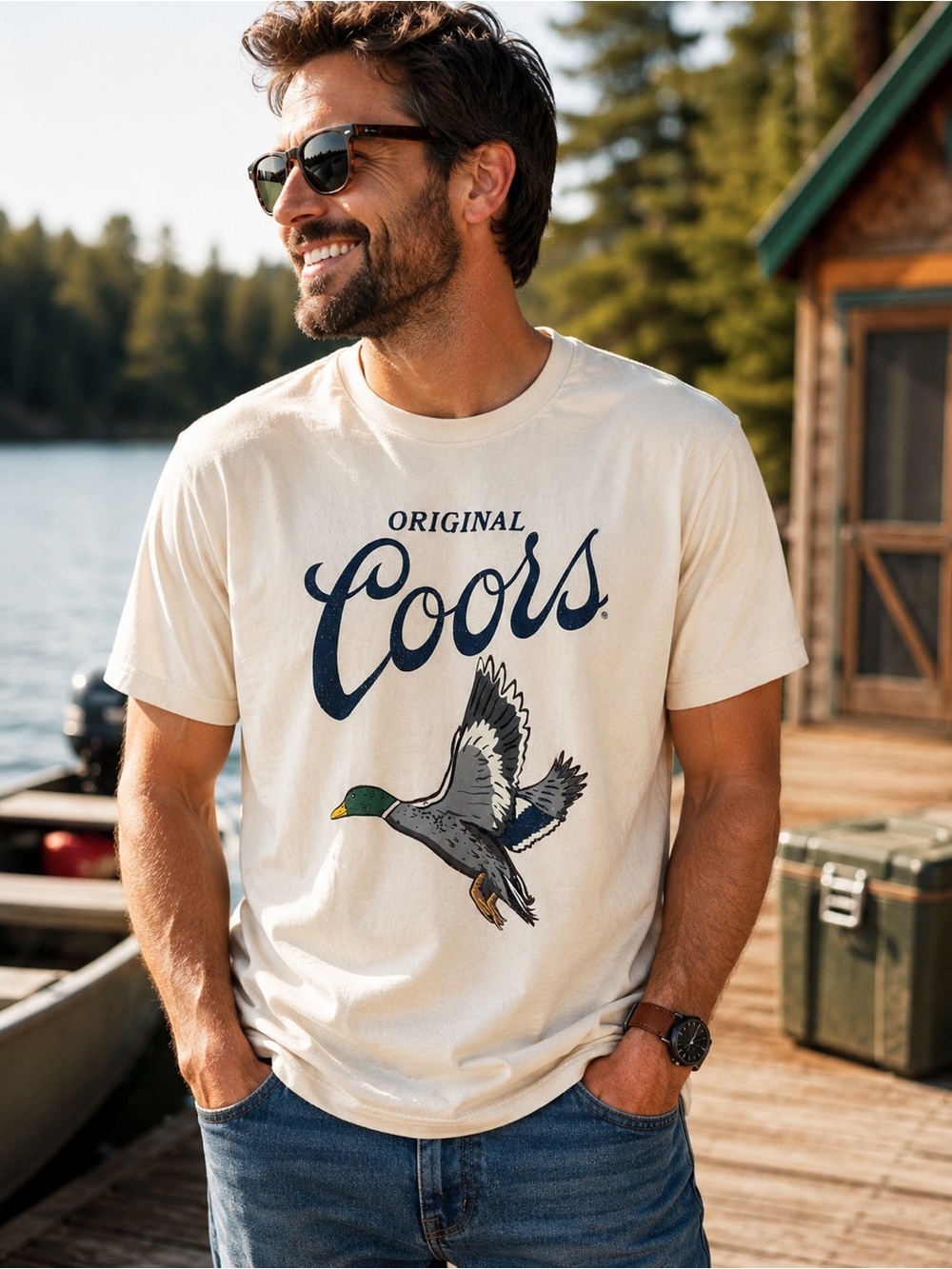 American Needle Coors Banquet Mallard Duck Hunting Graphic Tee Cream L NWT